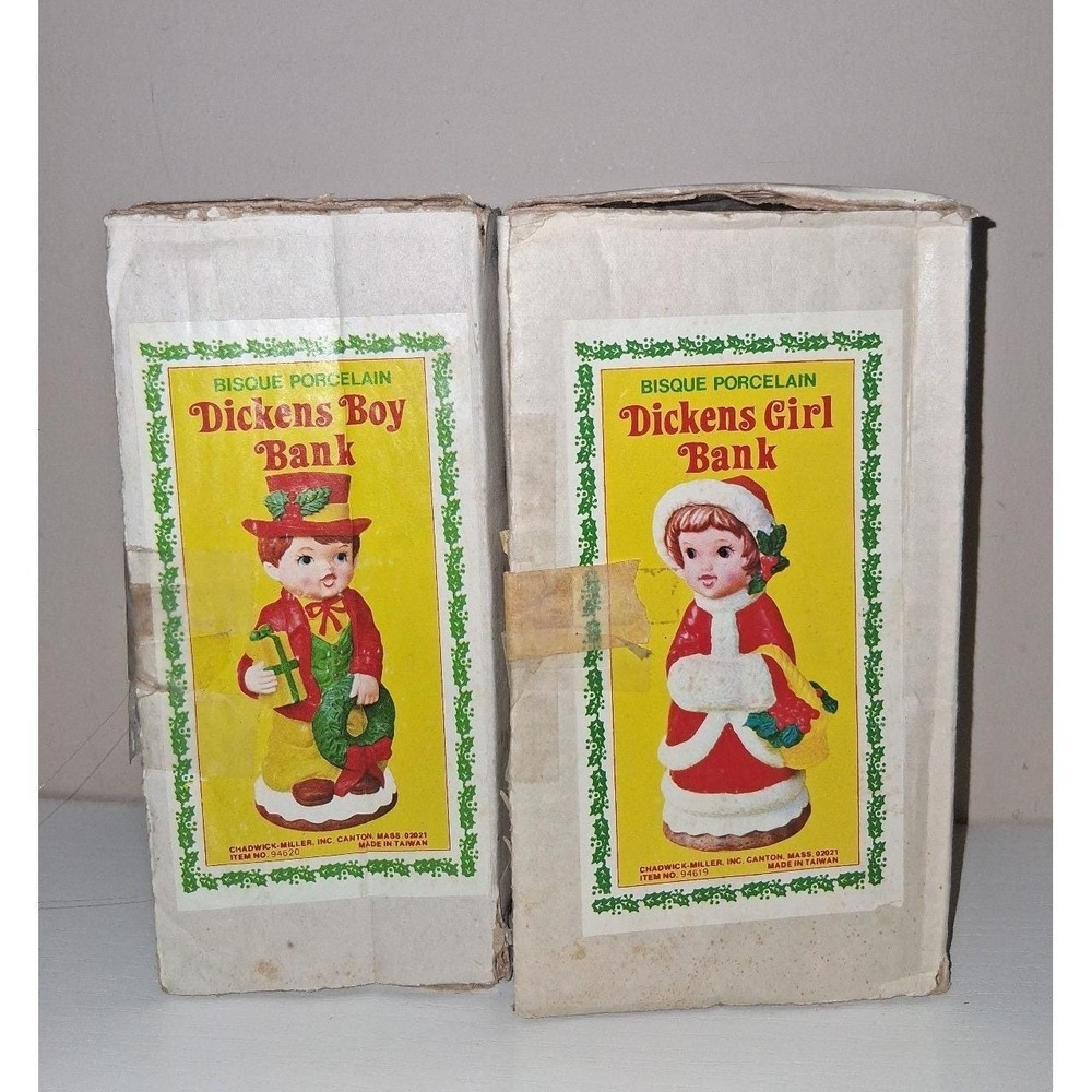 Vintage‎ 1979 Dickens Boy & Girl Bank Set Bisque Porcelain Christmas CMI Taiwan